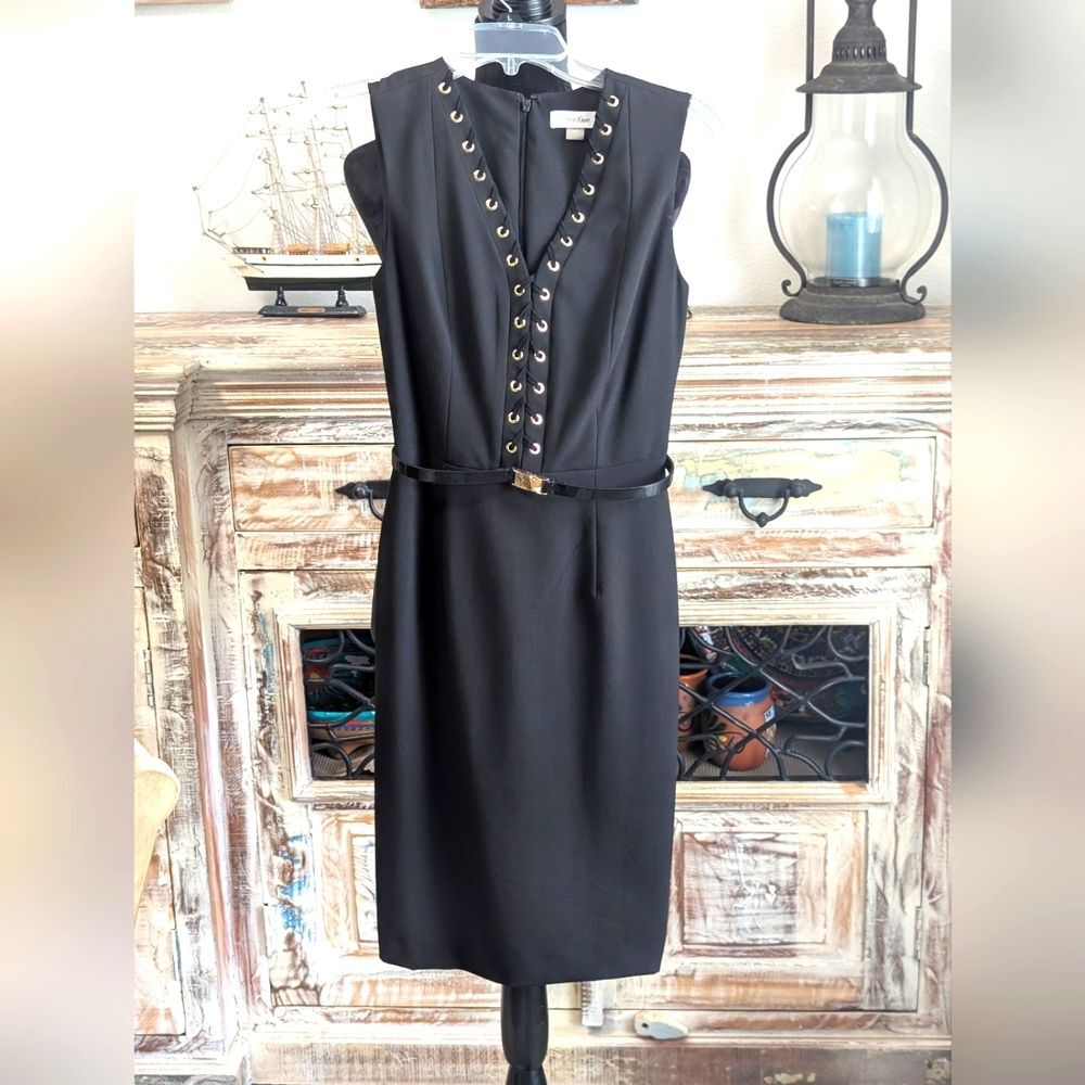 Calvin Klein Gold Grommet Lace Detail Black Dress, Size 2